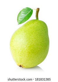 ripe pear with green leaf isolated on white background - Shutterstock ID 181831385