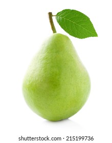 Ripe pear with leaf on white background - Shutterstock ID 215199736