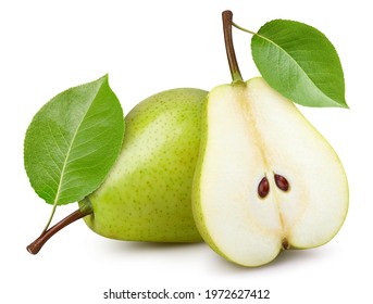 Ripe pear with leaves. Organic pear isolated on white background. Taste pear with leaf. With clipping path - Shutterstock ID 1972627412