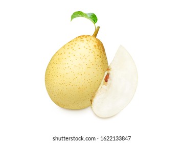 Ripe pears closeup fruit, Pir Nashi (Asian pear) or Pyrus pyrifolia, isolated on white background. - Shutterstock ID 1622133847