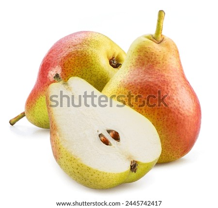 Ripe pears and cross section of pear with seeds isolated on white background.