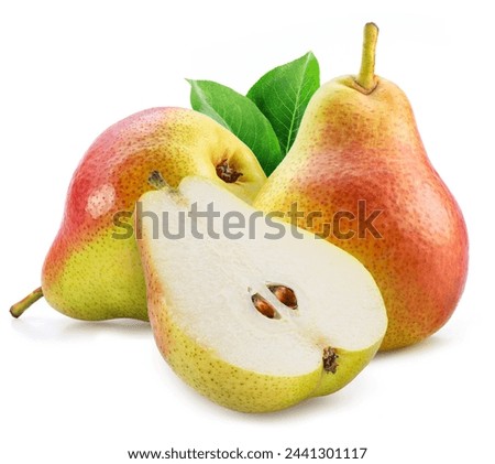 Ripe pears with green leaf and cross section of pear with seeds isolated on white background.