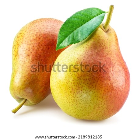 Ripe pears with green leaf isolated on white background.