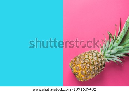Ripe Pineapple with Bushy Green Leaves on Split Duotone Pink Blue Background. Summer Vacation Travel Tropical Fruits Vitamins Fashion Concept. Funky Style Neon Colors. Flat Lay Copy Space