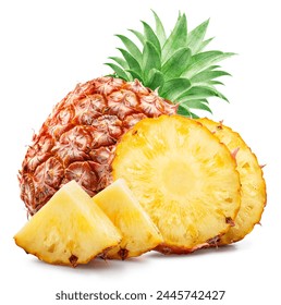 Ripe pineapple  and pineapple slices isolated on white background. File contains clipping path.