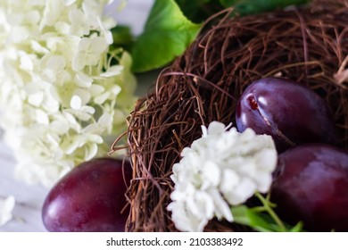 Ripe Plums In A Vine Basket On A Wooden Background, Hydrangea Flowers Lie Nearby