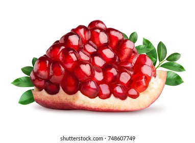 Ripe pomegranate fruit segment with leaves isolated on white. Clipping path included.