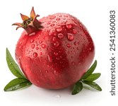 Ripe pomegranate fruits with pomegranate leaves on the white background.Ripe pomegranate fruits water drop