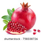 Ripe pomegranate fruits with pomegranate leaves on the white background.