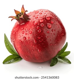 Ripe pomegranate fruits with pomegranate leaves on the white background.Ripe pomegranate fruits water drop