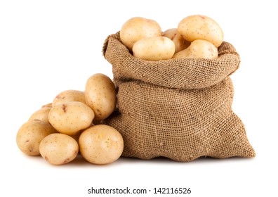 Ripe Potato In Burlap Sack Isolated On White Background