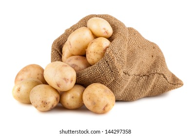 Ripe Potato In Burlap Sack Isolated On White Background