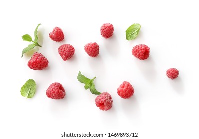 Ripe Rasberries Isolated On White Background. Top View