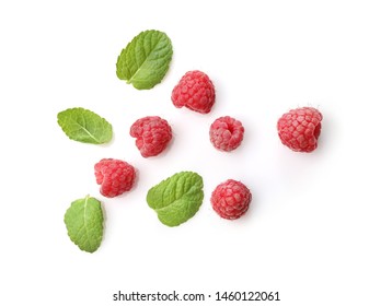 Ripe Rasberries And Mint Isolated On White Background. Top View