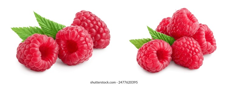 Ripe raspberries with leaf isolated on a white background