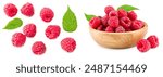 ripe raspberry with green leaf isolated on white background. macro. clipping path