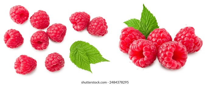 ripe raspberry with green leaf isolated on white background. macro. clipping path