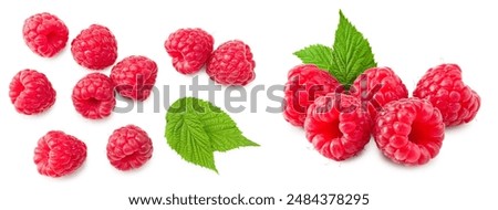 ripe raspberry with green leaf isolated on white background. macro. clipping path
