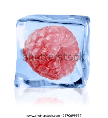 Ripe raspberry in ice cube on white background
