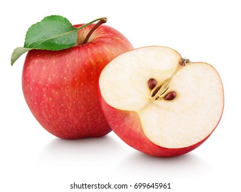 Ripe red apple fruit with apple half and green apple leaf isolated on white background. Apples and leaf with clipping path