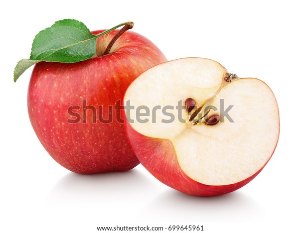 成熟的红苹果果与苹果半和青苹果叶隔离在白色背景 苹果和叶片剪裁路径库存照片 立即编辑