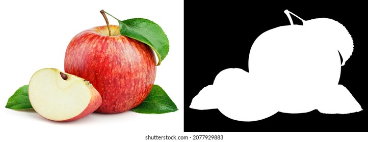 Ripe red apple fruit with slice and leaves isolated on white background. Includes a ready-made clipping mask (alpha channel) for quick isolation. Easy to selection object - Shutterstock ID 2077929883