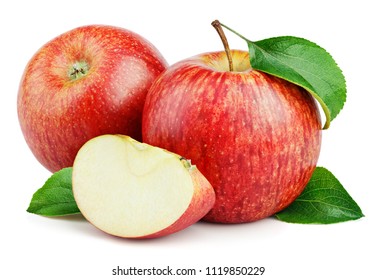 Ripe red apple fruits with apple slice and apple green leaves isolated on white background. Red apples and leaves with clipping path