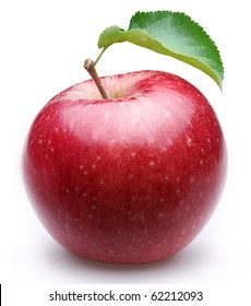 Ripe red apple with apple leaf. Isolated on a white background.