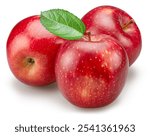 Ripe red apples with green apple leaves on white background. File contains clipping path.