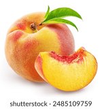 Ripe red peach with juicy peach slice isolated on white background. File contains clipping path.