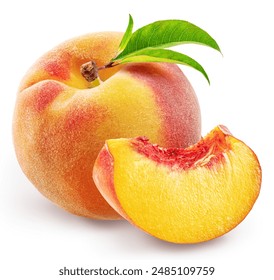 Ripe red peach with juicy peach slice isolated on white background. File contains clipping path.