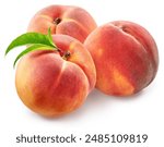 Ripe red peaches with green leaf isolated on white background. File contains clipping path.