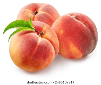 Ripe red peaches with green leaf isolated on white background. File contains clipping path.