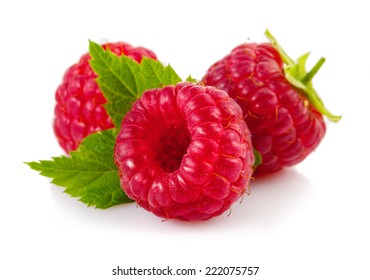 Ripe red raspberries isolated on white background 