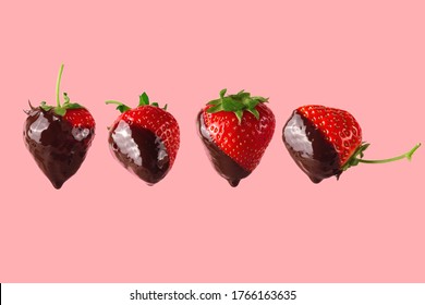 Ripe red strawberries with melted dark chocolate flows. Cooking a healthy dessert. On a pink background.