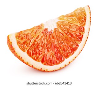 Ripe Slice Of Blood Red Orange Citrus Fruit Isolated On White Background. Sanguinello Blood Orange Wedge With Clipping Path