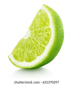 Ripe slice of green lime citrus fruit stand isolated on white background. Lime wedge with clipping path