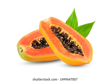 ripe slice papaya with leaf isolated on white background. full depth of field