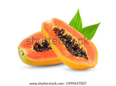 ripe slice papaya with leaf isolated on white background. full depth of field