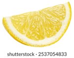 Ripe slice of yellow lemon citrus fruit isolated on white background without shadow. Full depth of field.