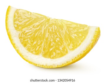 Ripe slice of yellow lemon citrus fruit isolated on white background with clipping path. Full depth of field.