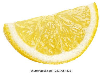 Ripe slice of yellow lemon citrus fruit isolated on white background without shadow. Full depth of field.