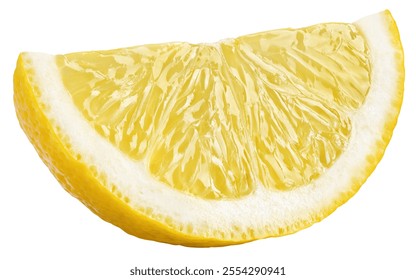 Ripe slice of yellow lemon citrus fruit isolated on white background without shadow. Full depth of field.