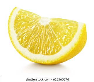 Ripe slice of yellow lemon citrus fruit isolated on white background with clipping path