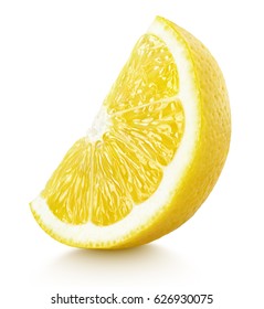 Ripe Slice Of Yellow Lemon Citrus Fruit Stand Isolated On White Background. Lemon Citrus Fruit Wedge With Clipping Path