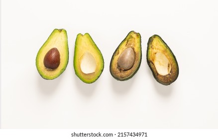 Ripe And Spoiled Rotten Fruit Vegetables Avocado In A Cut, White Background, Copy Space