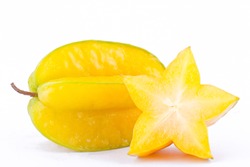  Ripe Star Fruit Carambola Or Star Apple ( Starfruit ) On White Background Healthy Star Fruit Food Isolated
