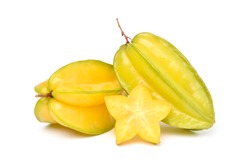 Ripe Star Fruit With Slice Isolated On White Background (Averrhoa Carambola, Star Apple, Starfruit) 