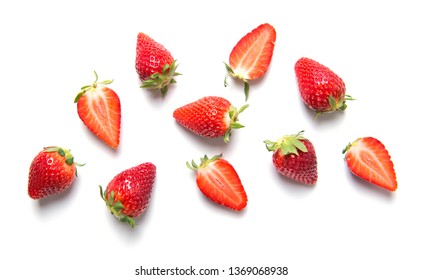 Ripe strawberries isolated on white background, berry pattern, top view - Shutterstock ID 1369068938