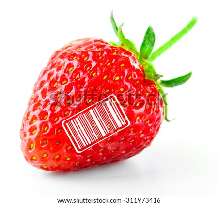 Ripe strawberry with barcode, isolated on white